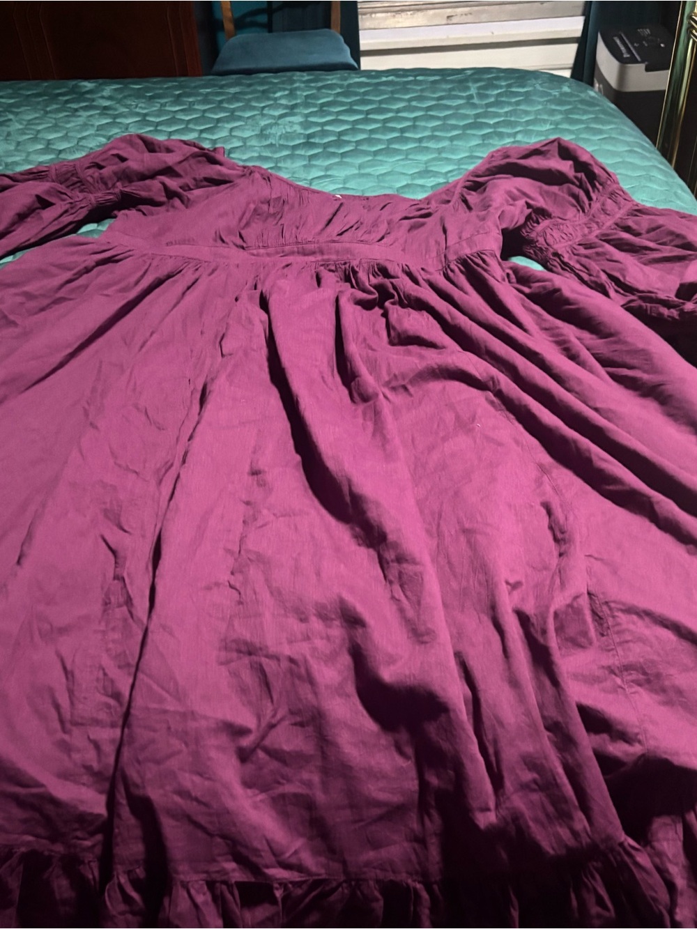 Strapless Puff-Sleeve Midi Dress in Deep Purple. Handmade Holyclothing